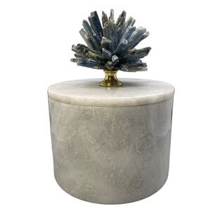 Home Decor BLUE KYANITE PINECONE on White Marble Round Box